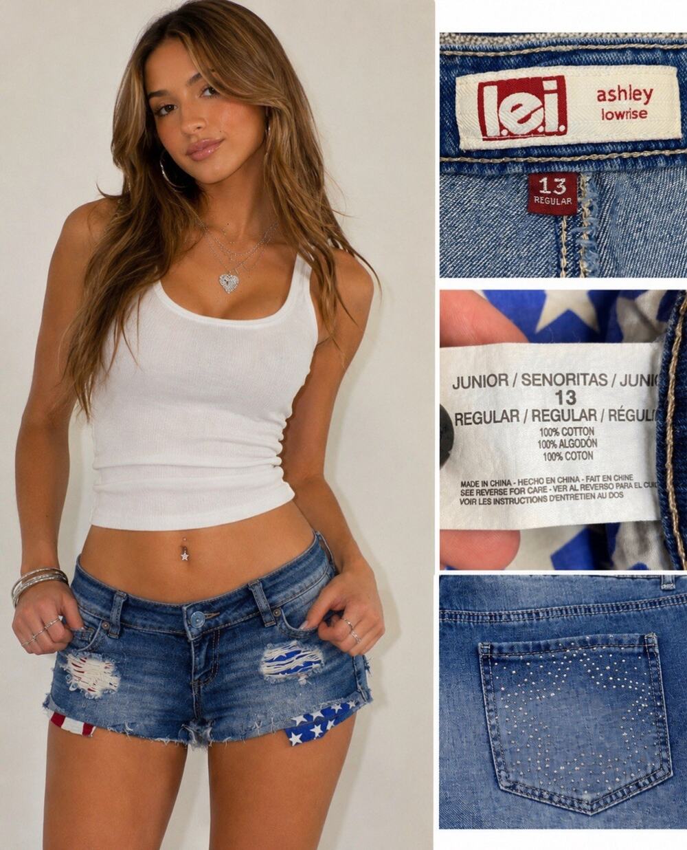 Y2K Indie Sleaze patriotic L.E.I. Low Rise Cutoff Shorts Size 13 Americana Flag